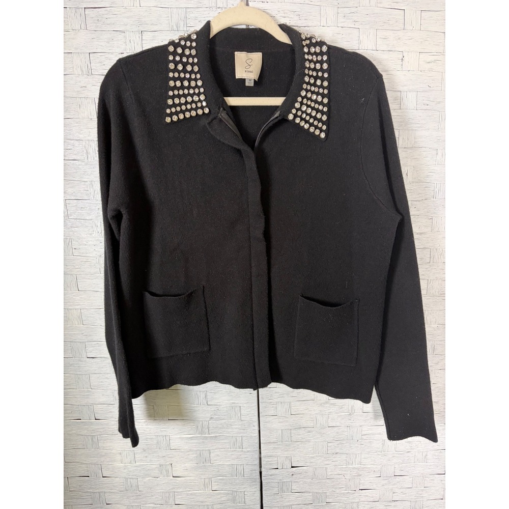 Sioni Womens Cardigan Sweater Black Rhinestone Collar Zip Front Knit soft Worm